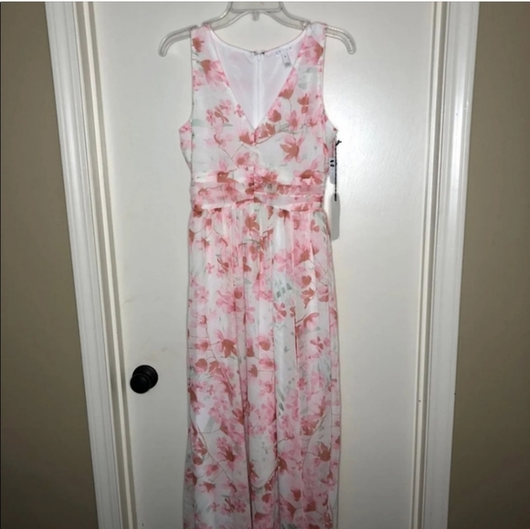 Leith cherry blossom spring Floral Ruched Waist Chiffon Dress midi pink - Picture 2 of 3